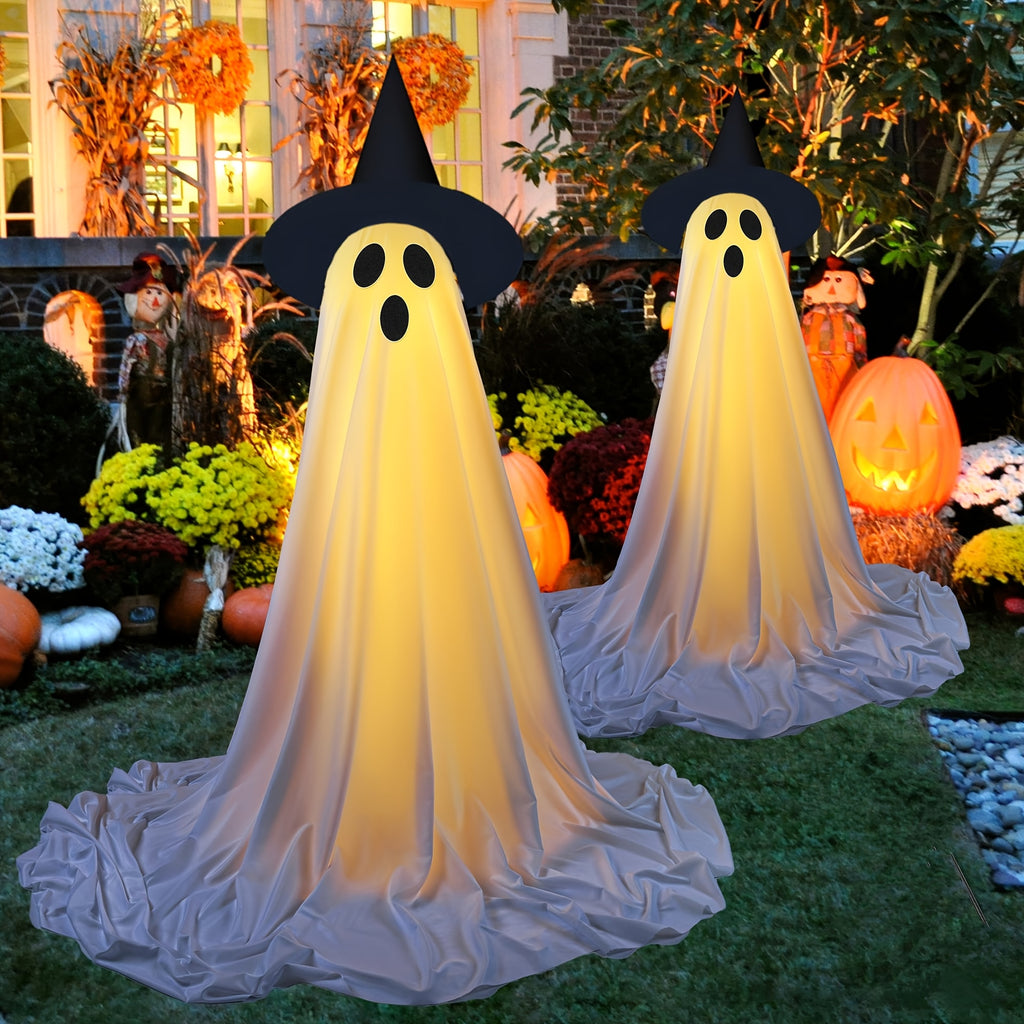 Halloween Standing Ghost Figure with Hat, Light-Up Atmospheric Decoration for Front Porches And Yards, Outdoor Halloween Ambiance Ornament (Batteries Not Included)