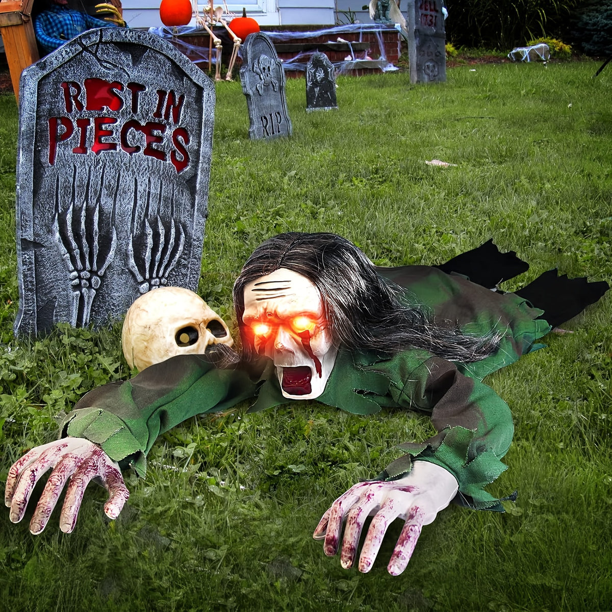 1pc Animated Slime Crawling Zombie with Glowing Eyes & Moving Body - Realistic Horror Sound Effects, Spooky Halloween Decoration for Haunted House, Party Pranks, Outdoor/Indoor Use - Plastic Figure (AA Not Included) Christmas, Halloween