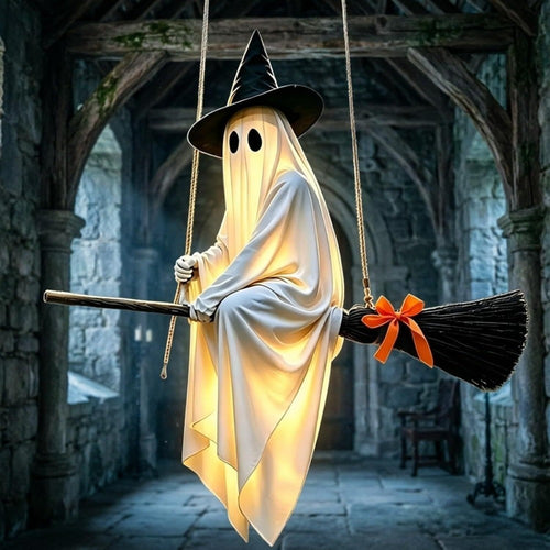 3D Cute Ghost Decoration | Hanging Flying Broom-Riding Ornament for Halloween, Trees, Porches, Walls, Parties, Haunted House