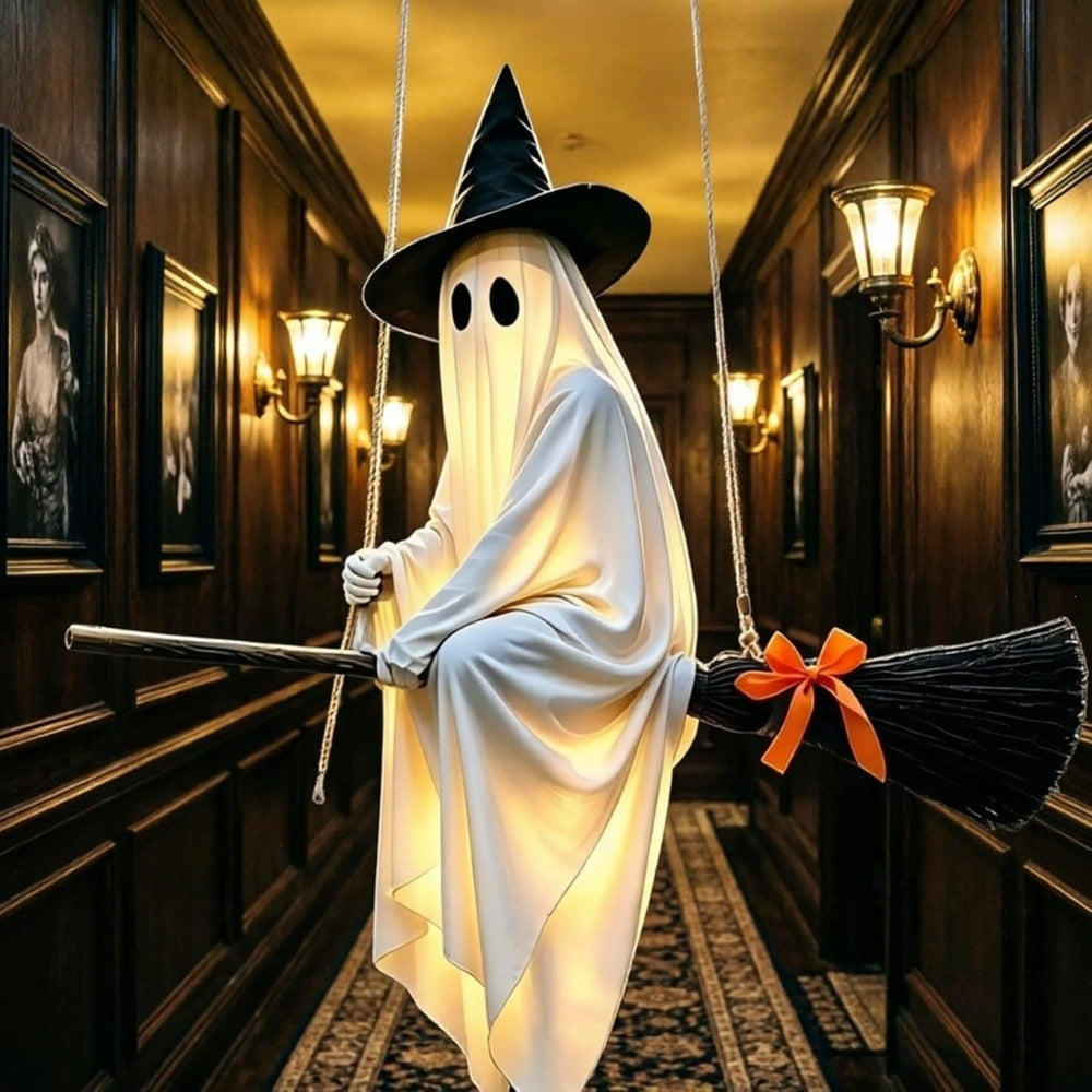 3D Cute Ghost Decoration | Hanging Flying Broom-Riding Ornament for Halloween, Trees, Porches, Walls, Parties, Haunted House