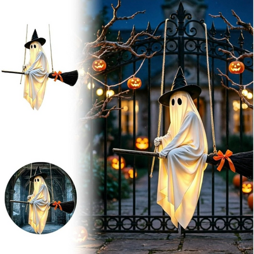 Cute Flying Ghost Halloween Hanging Decoration – Broom-Riding 3D Ornament